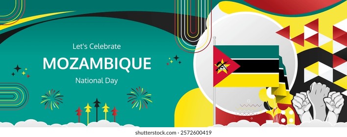 Mozambique Independence Day modern greeting banner. 25th June Happy National Day. Holidays abstract concept in flag colors. Great for event like carnival, feast poster, support, culture and tourism