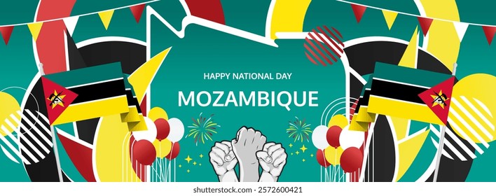 Mozambique Independence Day modern greeting banner. 25th June Happy National Day. Holidays abstract concept in flag colors. Great for event like carnival, feast poster, support, culture and tourism