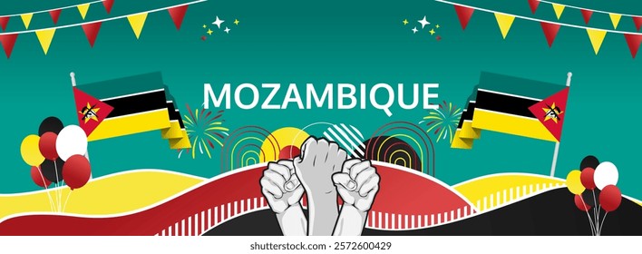 Mozambique Independence Day modern greeting banner. 25th June Happy National Day. Holidays abstract concept in flag colors. Great for event like carnival, feast poster, support, culture and tourism