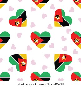 Mozambique independence day seamless pattern. Patriotic country flag background. Mozambique flag in the shape of heart. Vector seamless pattern.