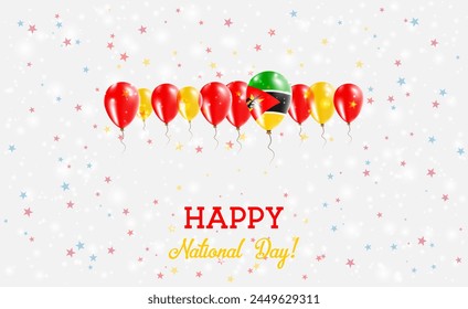 Mozambique Independence Day Sparkling Patriotic Poster. Row of Balloons in Colors of the Mozambican Flag. Greeting Card with National Flags, Confetti and Stars.