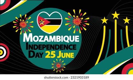 Mozambique Independence Day vector banner design with retro geometric shapes, Mozambique flag  color theme, typography and fireworks. Happy Mozambique Independence modern minimal poster illustration .