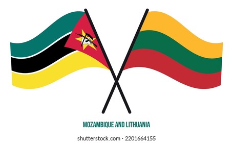 Banderas de Mozambique y Lituania cruzadas y ondeadas de estilo plano. Proporción oficial. Colores correctos.