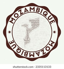 Mozambique logo. Astonishing country badge with word cloud in the shape of Mozambique. Round emblem with country name. Appealing vector illustration.