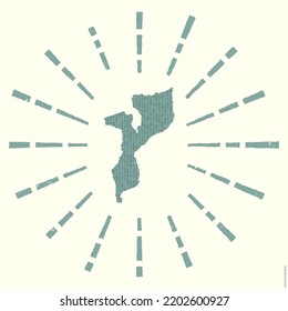 Mozambique Logo. Grunge sunburst poster with map of the country. Shape of Mozambique filled with hex digits with sunburst rays around. Artistic vector illustration.