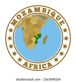 Mozambique logo. Round badge of country with map of Mozambique in world context. Country sticker stamp with globe map and round text. Vector illustration.