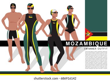 Mozambique : Male and Female Swimmers : Swimmers in National Swimsuits : Vector Illustration