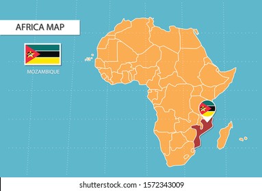 Mozambique map in Africa, icons showing Mozambique location and flags.