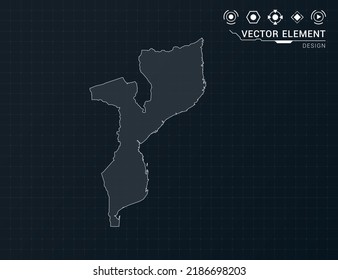 Mozambique map of black digital frame HUD, GUI, UI interface technology radar vector.