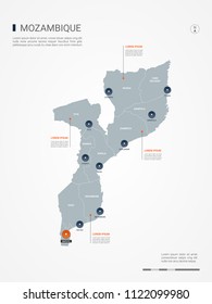 Mozambique map with borders, cities, capital Maputo and administrative divisions. Infographic vector map. Editable layers clearly labeled.