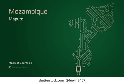 Mapa de Mozambique con la capital de Maputo mostrado en un patrón de microchips. Gobierno electrónico. Mapas de Vector de Países Mundiales. Serie de microchips	