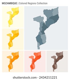 Mozambique map collection. Country shape with colored regions. Blue, Grey, Yellow, Amber, Orange, Deep Orange, Brown color palettes. Border of Mozambique with provinces for your infographic.