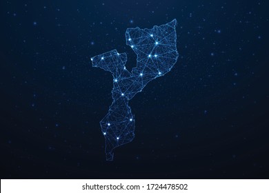 Mosambik Karte Verbindung. Abstrakte digitale Technologie 3D Mesh Polygonal Network Line, Design Sphere, Dot und Struktur auf dunklem Hintergrund. Vector Illustration EPS10.