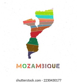 Mozambique map design. Shape of the country with beautiful geometric waves and grunge texture. Artistic vector illustration.