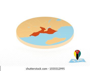 Mozambique map designed in isometric style, orange circle map of Mozambique for web, infographic and more.   