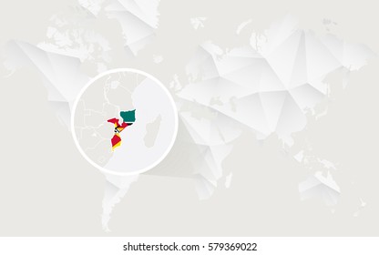 Mozambique map with flag in contour on white polygonal World Map. Vector Illustration.