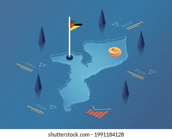 Mozambique Map, Flag And Currency Modern Isometric Business And Economy Vector Illustration Design