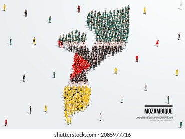 Mapa y bandera de Mozambique. Un gran grupo de personas en el formulario color de la bandera de Mozambique para crear el mapa. Ilustración vectorial.