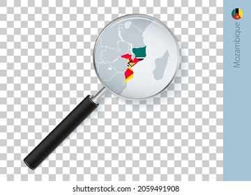 Mapa de Mozambique con bandera en lupa en fondo transparente. Voz vectorial con mapa.