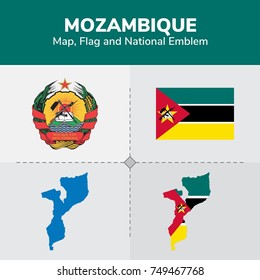 Mozambique Map, Flag and National Emblem 
