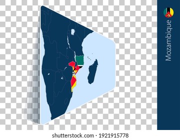 Mapa y bandera de Mozambique con fondo transparente. Destacó Mozambique en el mapa del vector azul.