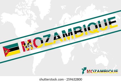 Mozambique map flag and text illustration, on world map