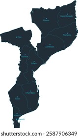 Mozambique map high detailed with administrative divide by state, capital cities names, outline simplicity style. Vector illustration EPS10.