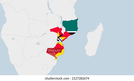 Mozambique map highlighted in Mozambique flag colors and pin of country capital Maputo, map with neighboring African countries.