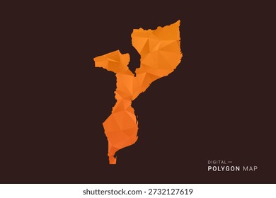 Mozambique Map - low poly polygon vector, geometric triangulated silhouette in orange and dark brown tones, clean modern infographic style, isolated background.