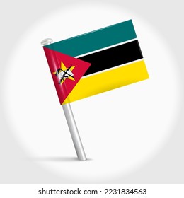 Icono de la bandera del alfiler del mapa de Mozambique. Marcador de mapa de inclinación mozambiqueña sobre una aguja de metal. Ilustración vectorial 3D realista.