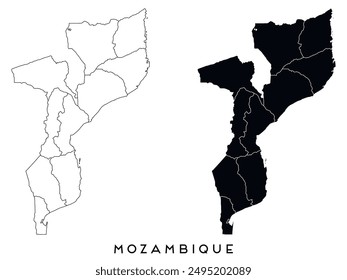 Mozambique map of regions districts vector black on white and outline