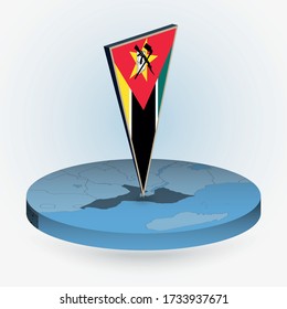 Mozambique map in round isometric style with triangular 3D flag of Mozambique, vector map in blue color. 