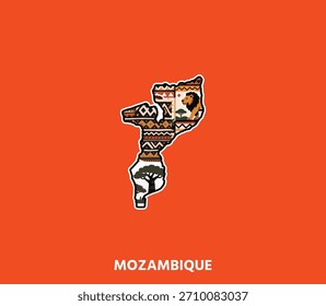 A Mozambique map sticker featuring rich African tribal patterns and cultural themes. Perfect for souvenirs, branding, travel materials, posters, and digital designs.	