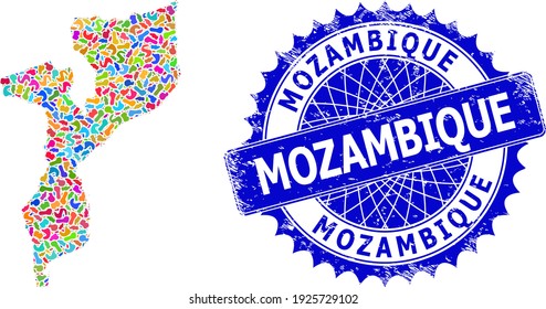 Mozambique map template. Blot mosaic map and rubber stamp seal for Mozambique. Sharp rosette blue seal with tag for Mozambique map.