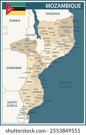 Mozambique Map Vector Vintage Dark Blue Beige - Customizable layered political map of Mozambique with administrative divisions for website, education, reports, news, politics, print, poster