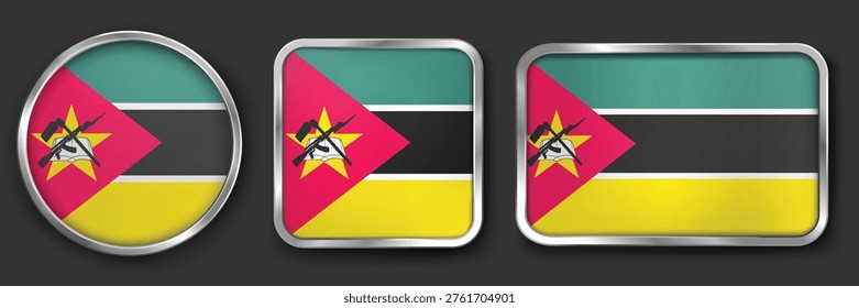 MOZAMBIQUE Metallic Flag Collection, Circular, Square and Rectangular MOZAMBIQUE Flag Badges Set
