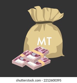 Mozambique Metical Vector Illustration. Mozambican money set bundle banknotes. Money bag 500 MZN. Flat style. Isolated on white background. Simple minimal design.