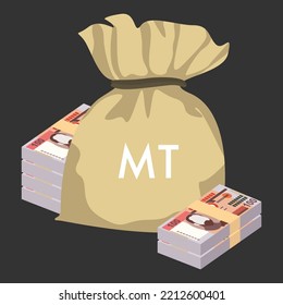 Mozambique Metical Vector Illustration. Mozambican money set bundle banknotes. Money bag 100 MZN. Flat style. Isolated on white background. Simple minimal design.