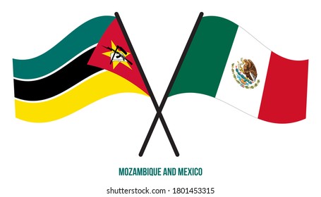 Mozambique and Mexico Flags Crossed And Waving Flat Style. Official Proportion. Correct Colors.