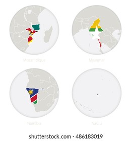 Mozambique, Myanmar, Namibia, Nauru map contour and national flag in a circle. Vector Illustration.