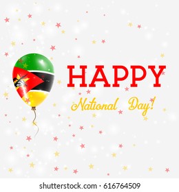 Mozambique National Day patriotic poster. Flying Rubber Balloon in Colors of the Mozambican Flag. Mozambique National Day background with Balloon, Confetti, Stars, Bokeh and Sparkles.