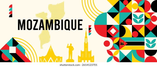 Mozambique national vector banner featuring the flag, dotted map, landmarks, and geometric pattern design