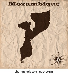 Mozambique old map with grunge and crumpled paper. Vector illustration