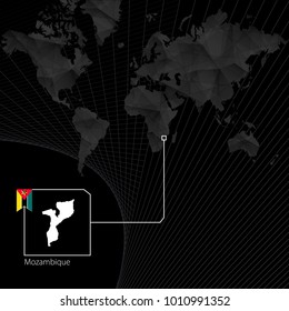Mozambique on black World Map. Map and flag of Mozambique.