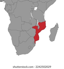 Mozambique en el mapa del mundo. Ilustración vectorial.