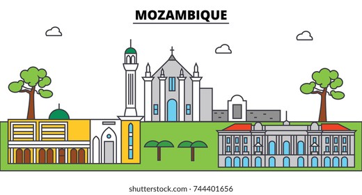 Mozambique outline city skyline, linear illustration, banner, travel landmark, buildings silhouette,vector