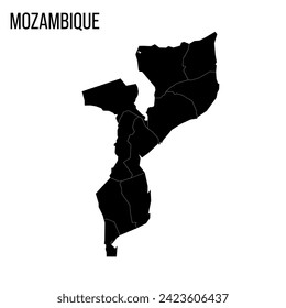 Mozambique political map of administrative divisions - provinces and capital city of Maputo. Blank black map and country name title.