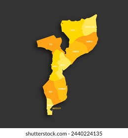 Mozambique political map of administrative divisions - provinces and capital city of Maputo. Yellow shade flat vector map with name labels and dropped shadow isolated on dark grey background.