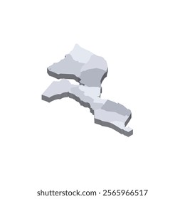 Mozambique political map of administrative divisions - provinces and capital city of Maputo. 3D isometric blank vector map in shades of grey.