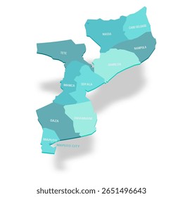 Mapa político de Moçambique das divisões administrativas - províncias e capital de Maputo. Mapa de vetor turquesa 3D com rótulos de nome.